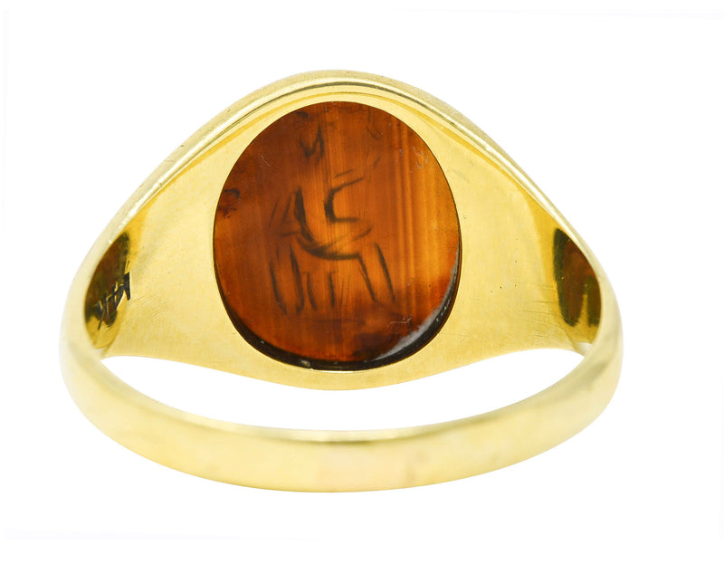 Art Deco Egyptian Revival Banded Agate 14 Karat Yellow Gold Pharaoh Intaglio Unisex Signet Ring Wilson's Estate Jewelry