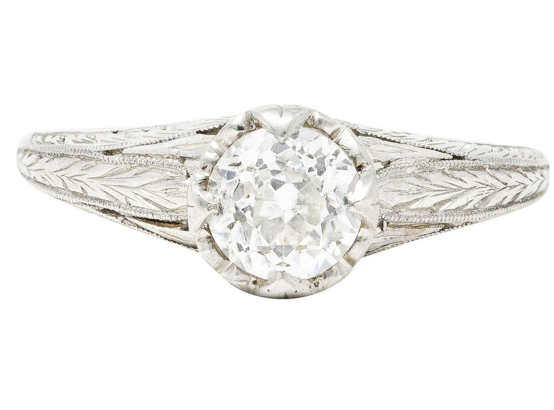 Art Deco Old European 0.67 CTW Diamond Platinum Foliate Solitaire Engagement Ring Wilson's Estate Jewelry