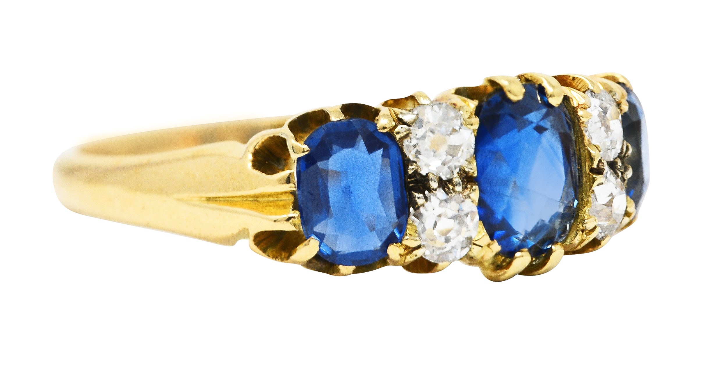 Victorian 2.10 CTW Cushion Cut Sapphire Old European Cut Diamond 18 Karat Yellow Gold Antique Band Ring Wilson's Estate Jewelry