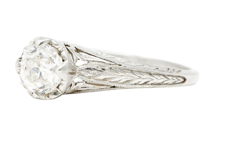 Art Deco Old European 0.67 CTW Diamond Platinum Foliate Solitaire Engagement Ring Wilson's Estate Jewelry