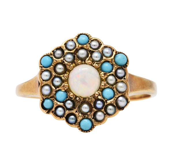 Victorian Opal Turquoise Seed Pearl 14 Karat Gold Cluster RingRing - Wilson's Estate Jewelry