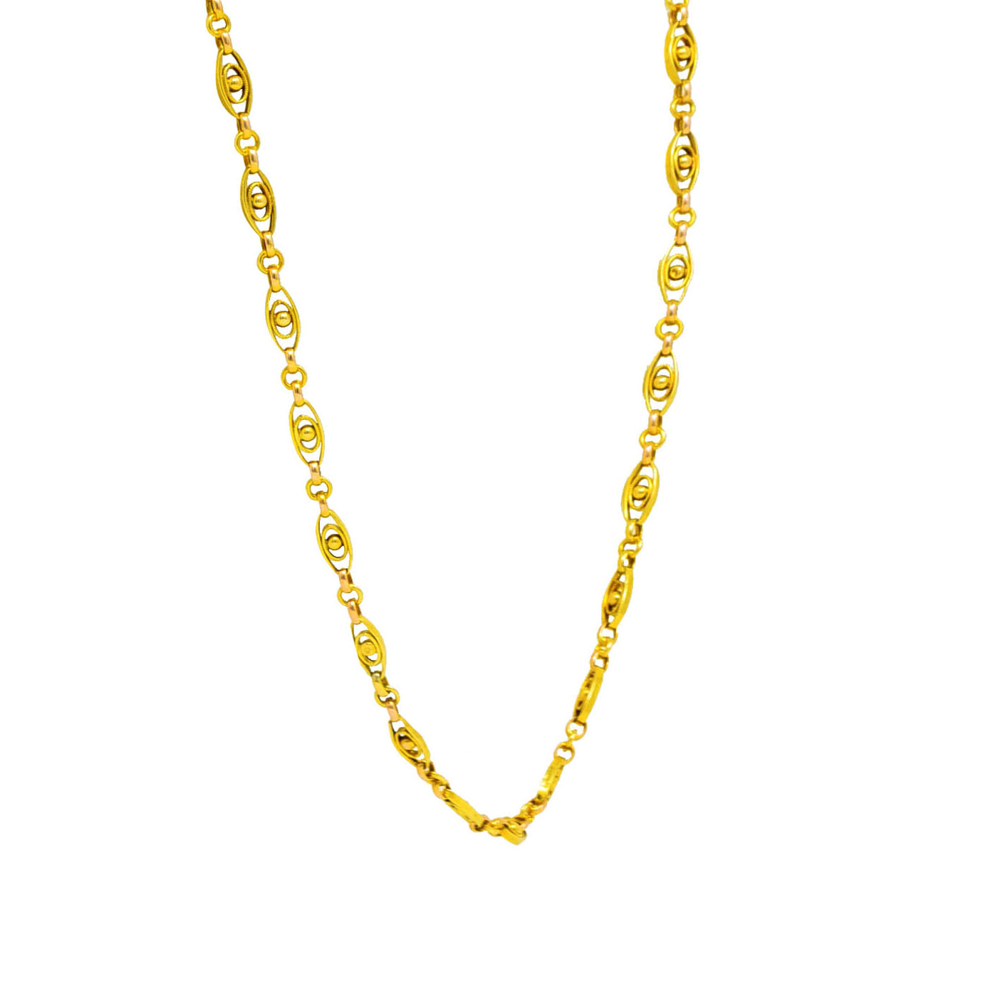 French Victorian 18 Karat Yellow Gold Sphere Navette Chain Link Antique Necklace Wilson's Estate Jewelry