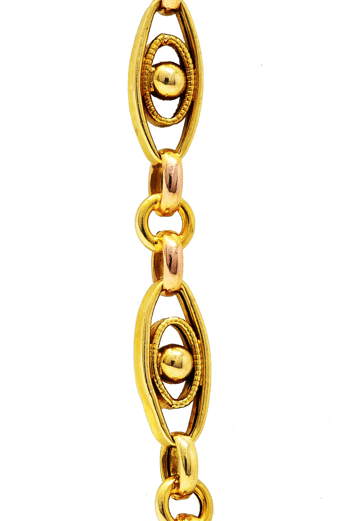 French Victorian 18 Karat Yellow Gold Sphere Navette Chain Link Antique Necklace Wilson's Estate Jewelry