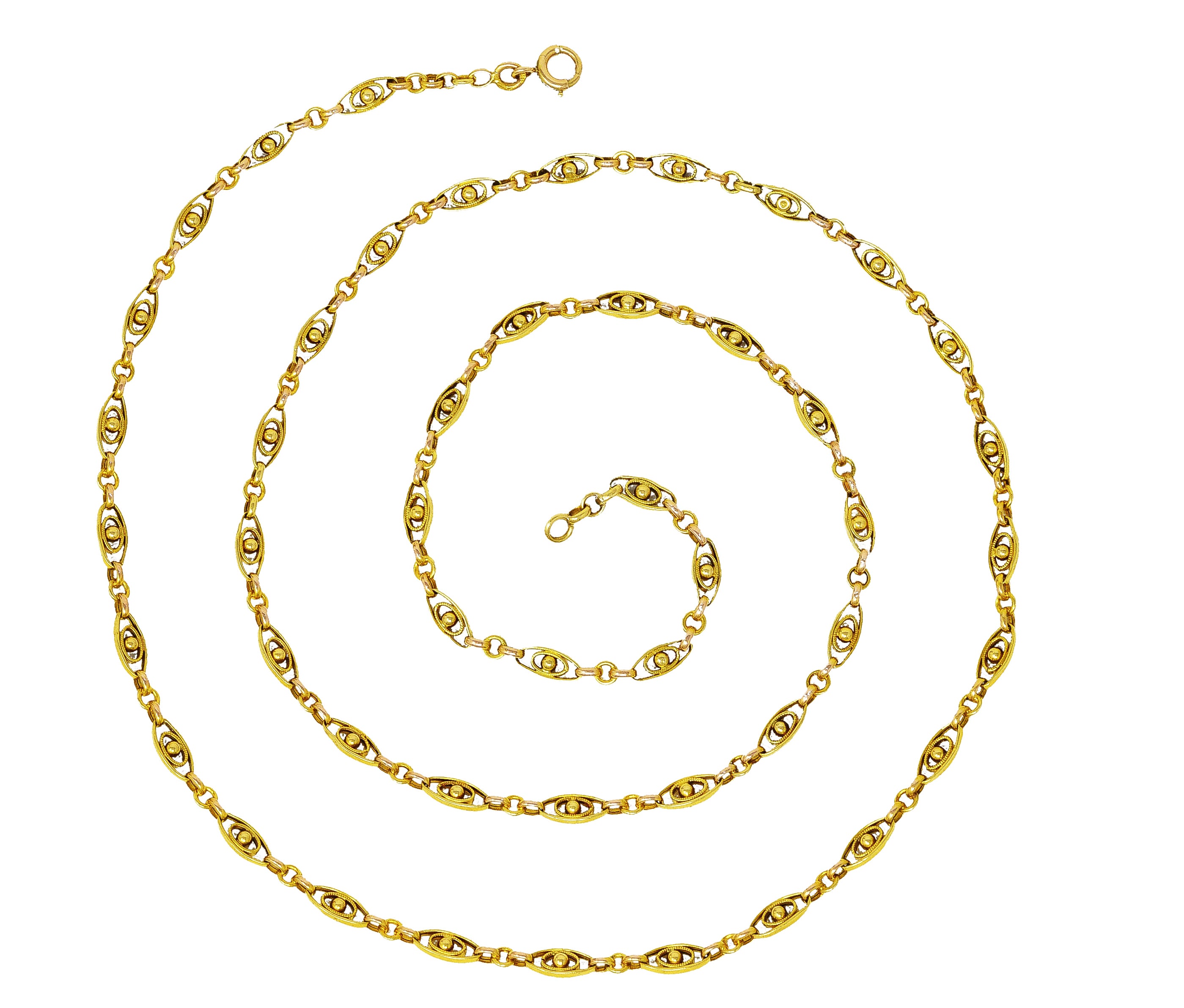 French Victorian 18 Karat Yellow Gold Sphere Navette Chain Link Antique Necklace Wilson's Estate Jewelry
