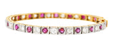 Edwardian 5.32 CTW Ruby Diamond Platinum-Topped 18 Karat Yellow Gold Milgrain Antique Line Bracelet Wilson's Estate Jewelry