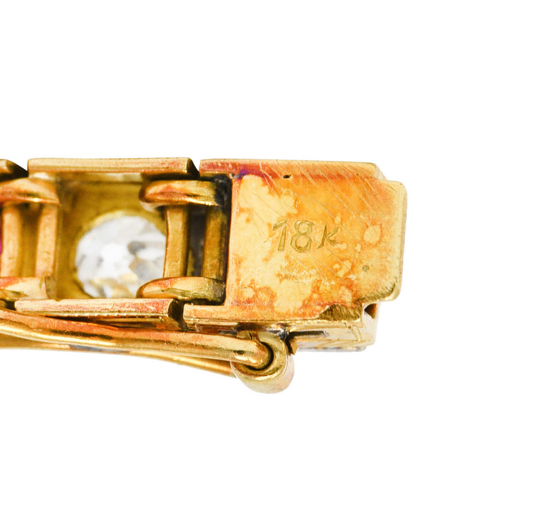 Edwardian 5.32 CTW Ruby Diamond Platinum-Topped 18 Karat Yellow Gold Milgrain Antique Line Bracelet Wilson's Estate Jewelry