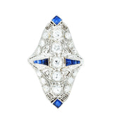 1930's Art Deco Sapphire Diamond Platinum Navette Dinner Ring Wilson's Estate Jewelry