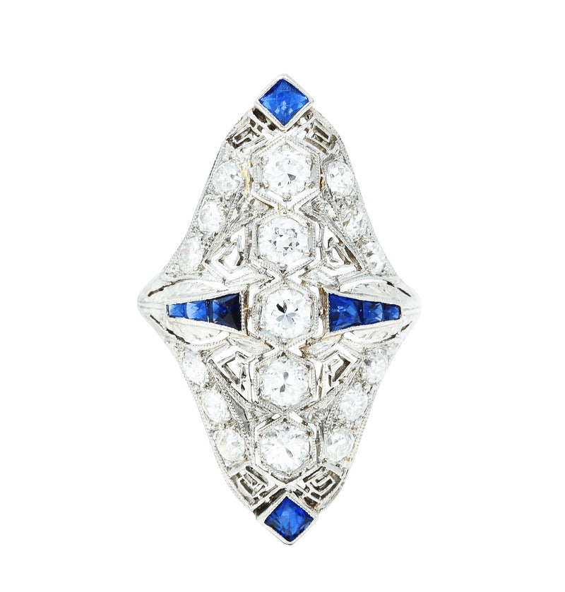 1930's Art Deco Sapphire Diamond Platinum Navette Dinner Ring Wilson's Estate Jewelry