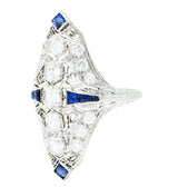 1930's Art Deco Sapphire Diamond Platinum Navette Dinner Ring Wilson's Estate Jewelry