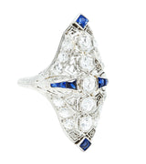 1930's Art Deco Sapphire Diamond Platinum Navette Dinner Ring Wilson's Estate Jewelry