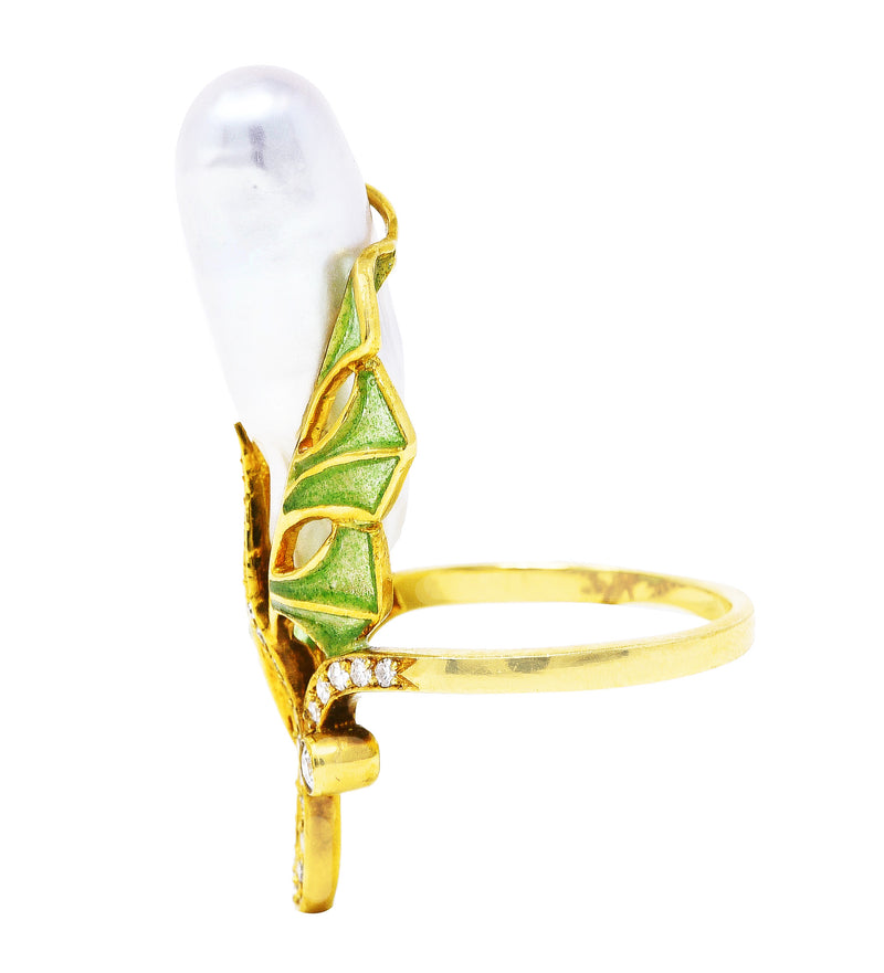 Vintage Diamond Baroque Pearl Plique-A-Jour Enamel 18 Karat Yellow Gold Foliate Antique Ring Wilson's Estate Jewelry
