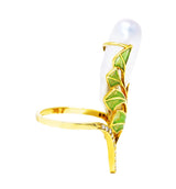 Vintage Diamond Baroque Pearl Plique-A-Jour Enamel 18 Karat Yellow Gold Foliate Antique Ring Wilson's Estate Jewelry