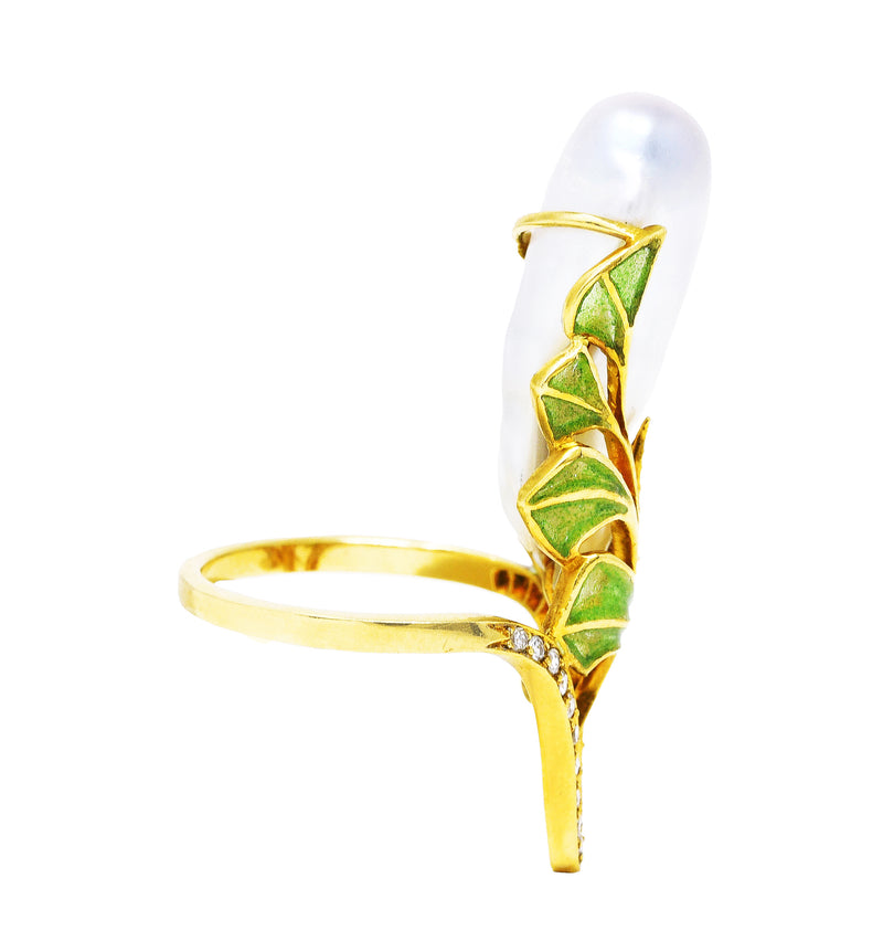 Vintage Diamond Baroque Pearl Plique-A-Jour Enamel 18 Karat Yellow Gold Foliate Antique Ring Wilson's Estate Jewelry