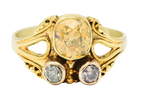 Arts & Crafts 1.38 CTW Fancy Colored Old Mine & European Cut Diamond 14 Karat Yellow Gold Antique Three Stone Ring Wilson's Estate Jewelry