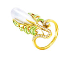 Vintage Diamond Baroque Pearl Plique-A-Jour Enamel 18 Karat Yellow Gold Foliate Antique Ring Wilson's Estate Jewelry