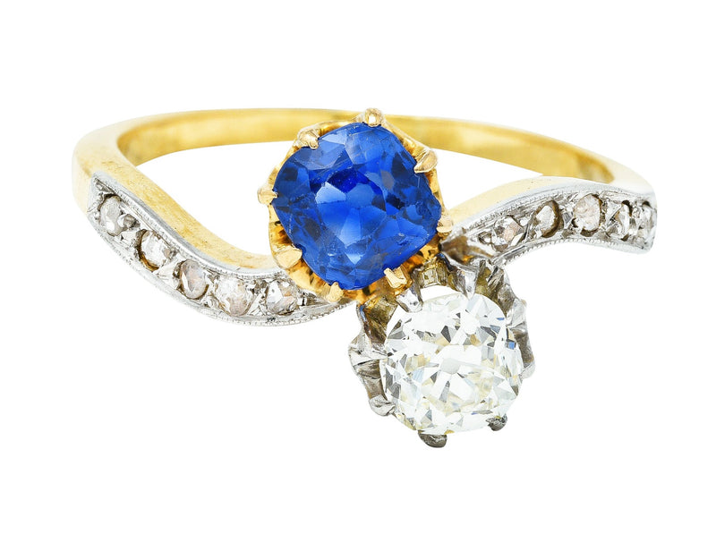 French Edwardian 1.47 CTW Sapphire Diamond Platinum-Topped Toi Et Moi Antique Bypass Ring Wilson's Estate Jewelry