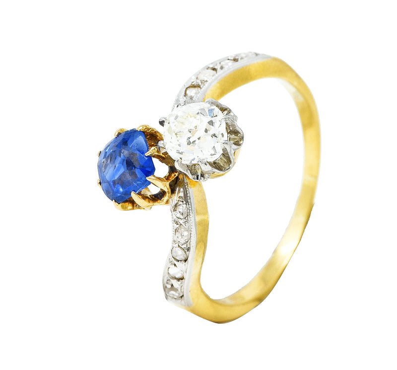 French Edwardian 1.47 CTW Sapphire Diamond Platinum-Topped Toi Et Moi Antique Bypass Ring Wilson's Estate Jewelry