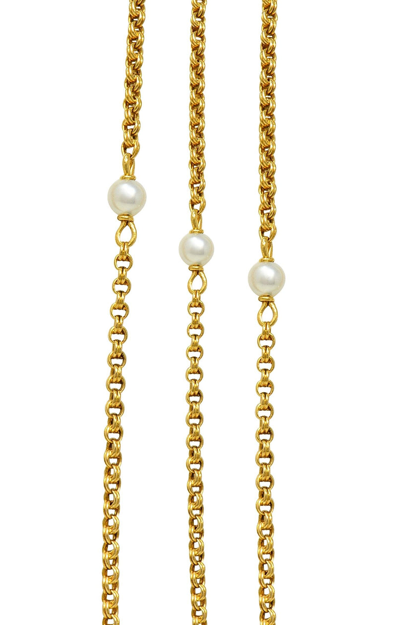 Victorian French Pearl 18 Karat Yellow Gold Antique Rolo Link Chain Necklace