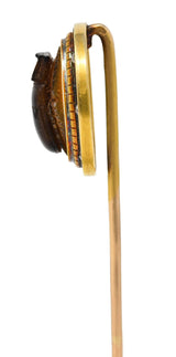 French Victorian Egyptian Revival Diamond Agate 18 Karat Yellow Gold Scarab Beetle Stickpin Wilson's Estate Jewelry