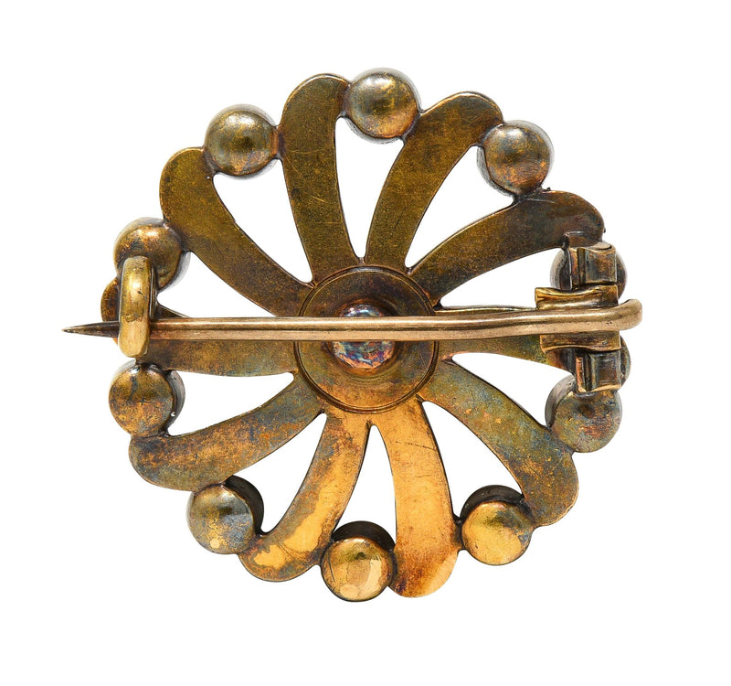 Victorian 2.70 CTW Sapphire Enamel 18 Karat Yellow Gold Spiral Circle Brooch