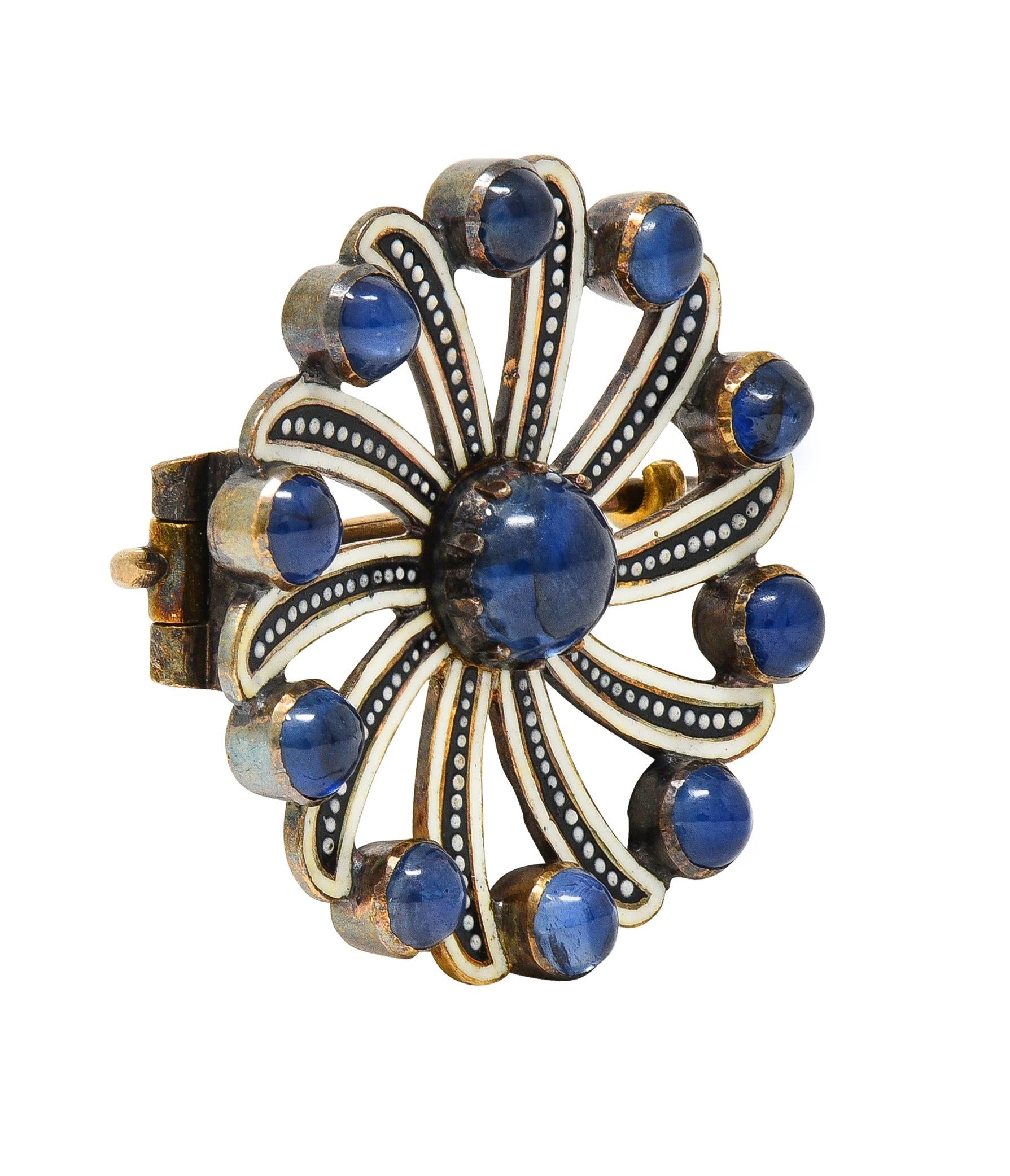 Victorian 2.70 CTW Sapphire Enamel 18 Karat Yellow Gold Spiral Circle Brooch
