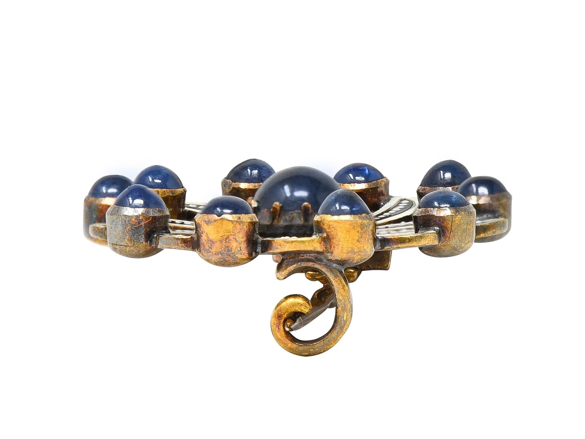 Victorian 2.70 CTW Sapphire Enamel 18 Karat Yellow Gold Spiral Circle Brooch
