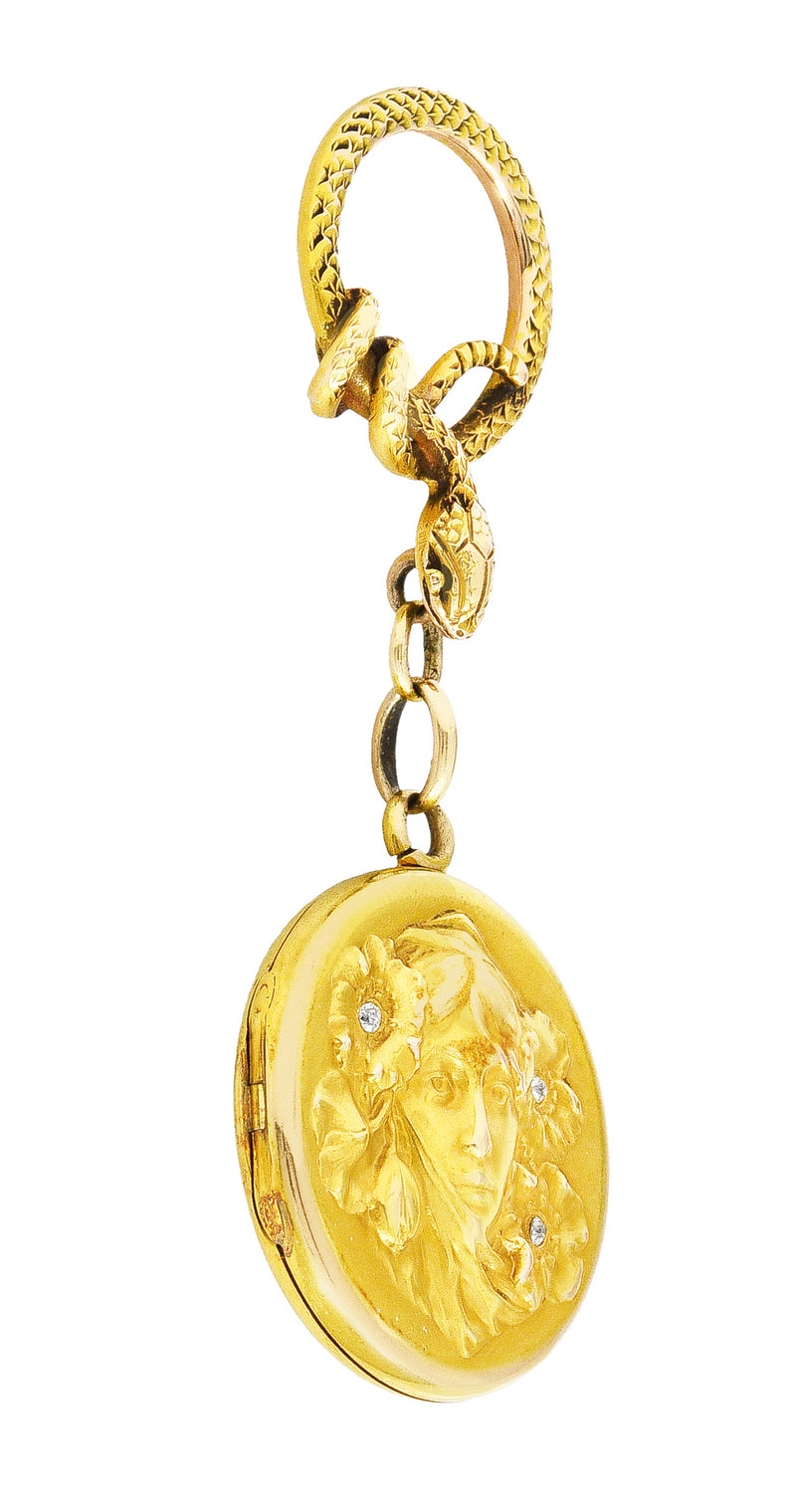 Shreve & Co. Art Nouveau Diamond 14 Karat Yellow Gold Snake Woman Antique Locket Pendant Wilson's Estate Jewelry