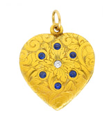 Art Nouveau Diamond Sapphire 14 Karat Two-Tone Gold Scroll Heart Locket Pendant Wilson's Estate Jewelry