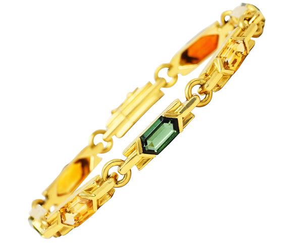 1980's Bulgari Peridot Citrine Green Tourmaline 18 Karat Yellow Gold Vintage Italian Gemstone Bracelet Wilson's Estate Jewelry