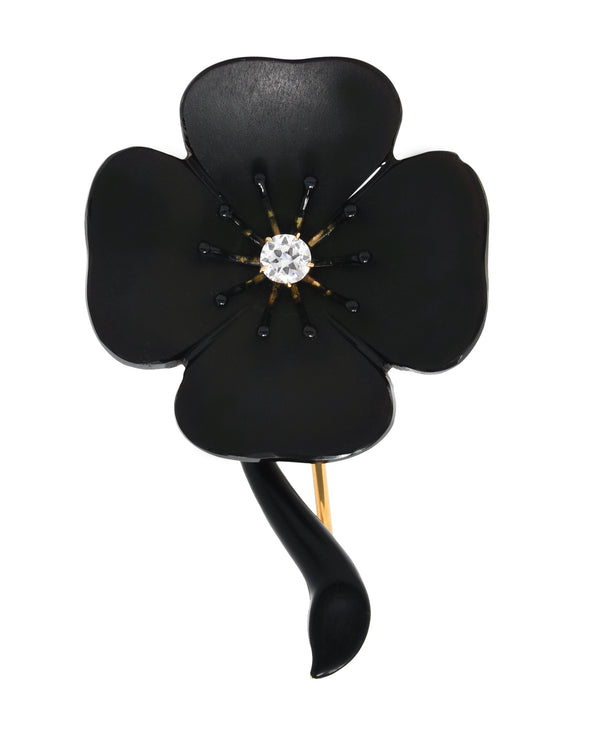 Victorian Onyx Diamond 14 Karat Gold Mourning Flower BroochBrooch - Wilson's Estate Jewelry