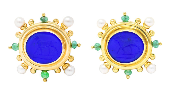 Elizabeth Locke Pearl Emerald Blue Venetian Glass Dog Intaglio 18 Karat Yellow Gold Earrings Wilson's Estate Jewelry