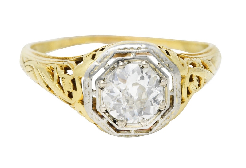 1920's Art Deco 0.71 Old European Diamond 14 Karat Two-Tone Gold Floral Engagement Ring Wilson's Estate Jewelry
