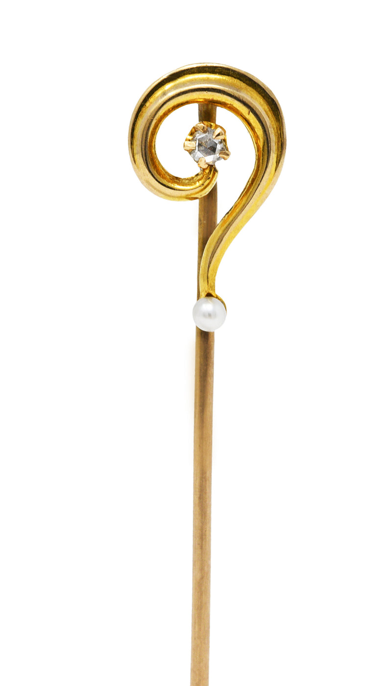 Art Nouveau Diamond Freshwater Pearl 14 Karat Gold Question Mark StickpinStick Pin - Wilson's Estate Jewelry