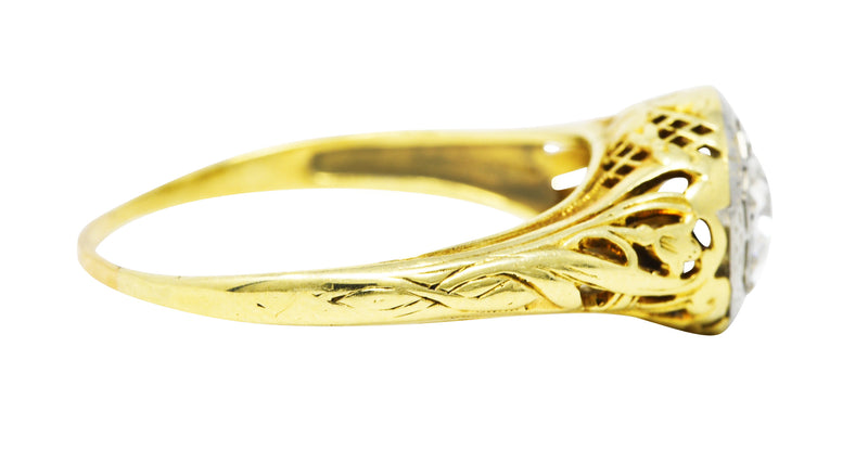1920's Art Deco 0.71 Old European Diamond 14 Karat Two-Tone Gold Floral Engagement Ring Wilson's Estate Jewelry