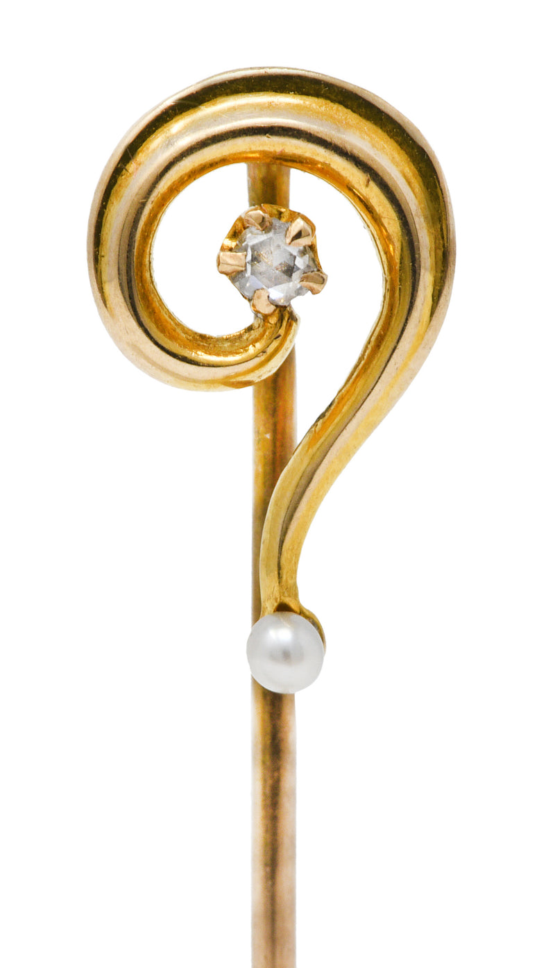 Art Nouveau Diamond Freshwater Pearl 14 Karat Gold Question Mark StickpinStick Pin - Wilson's Estate Jewelry
