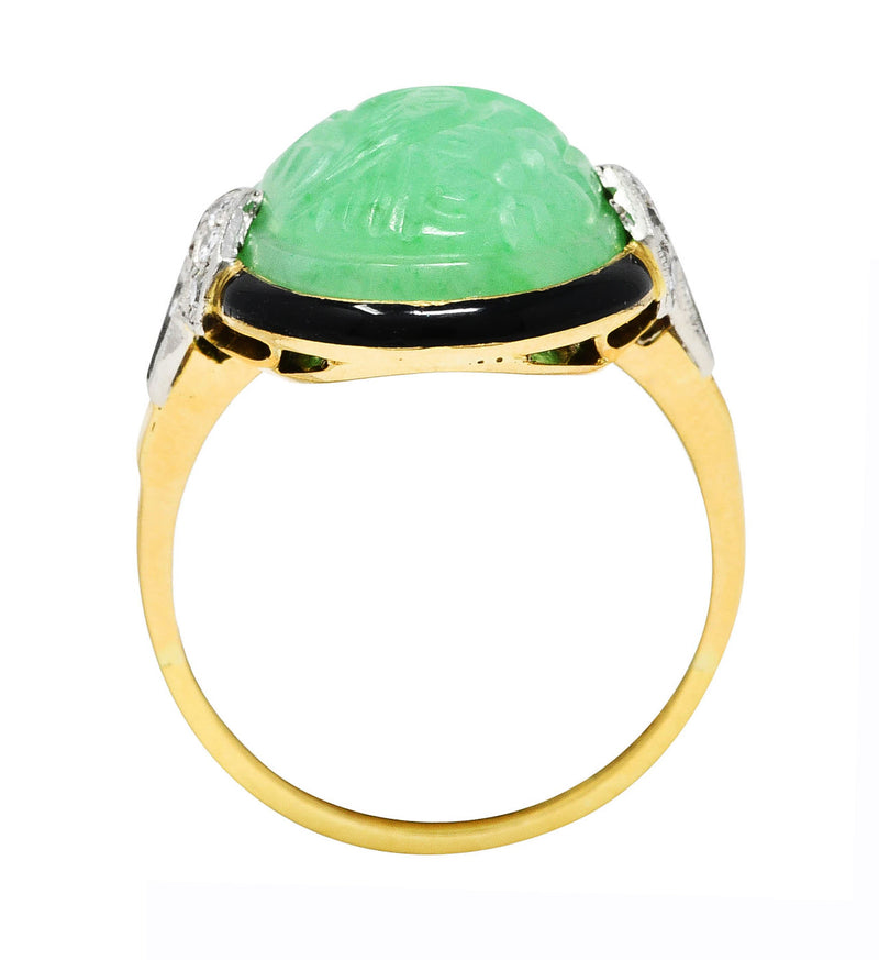 Felger Art Deco Diamond Jade Enamel Platinum 18 Karat Yellow Gold Ring Wilson's Estate Jewelry