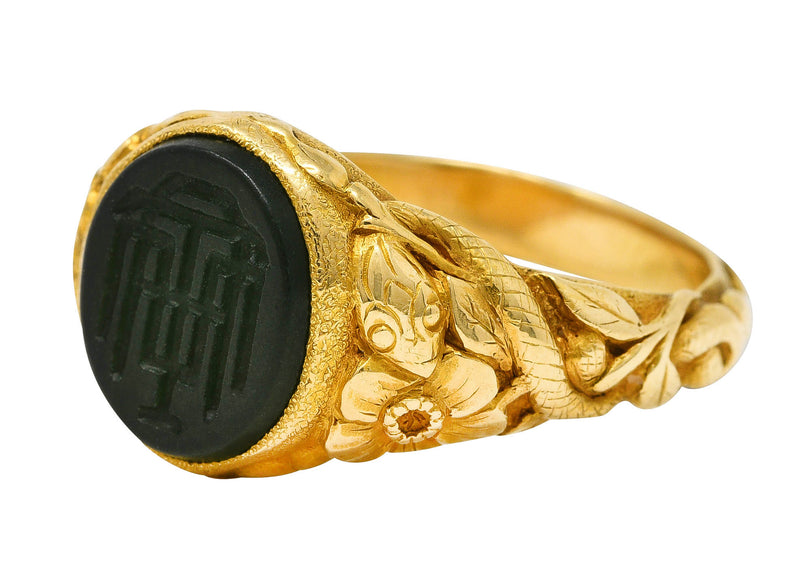 Tiffany & Co. Victorian Nephrite Jade 18 Karat Yellow Gold Floral Snake Signet Intaglio Unisex Ring Wilson's Estate Jewelry