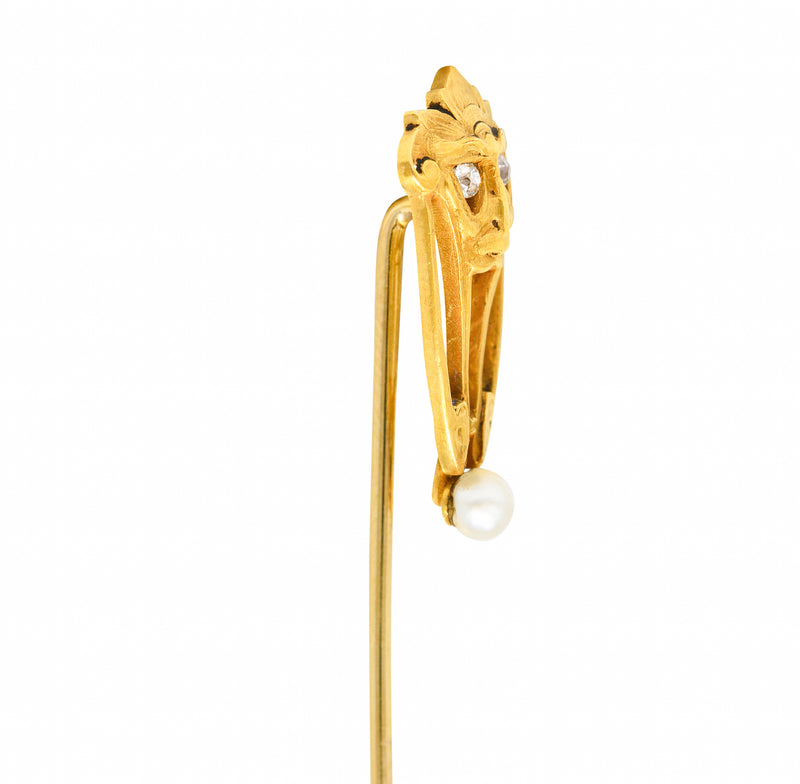 Brassler Co. Art Nouveau Diamond Pearl 14 Karat Yellow Gold Greenman Antique Unisex Stickpin Wilson's Estate Jewelry