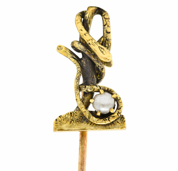 Victorian Pearl 14 Karat Yellow Gold Snake In A Tree Antique Unisex Stickpin Wilson's Estate Jewelry