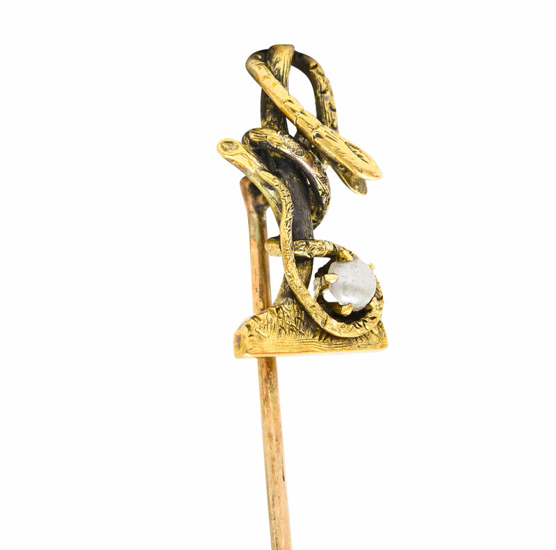 Victorian Pearl 14 Karat Yellow Gold Snake In A Tree Antique Unisex Stickpin Wilson's Estate Jewelry