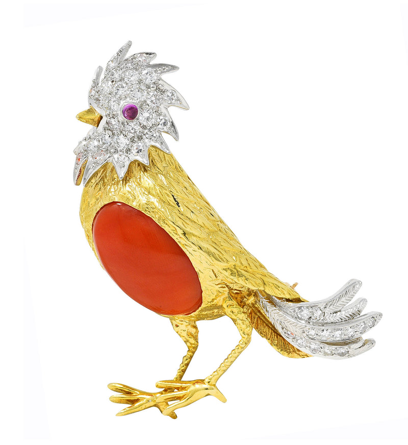 1960's Vintage Coral Pave Diamond Platinum 18 Karat Yellow Gold Cockatiel Bird Brooch Wilson's Estate Jewelry
