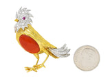 1960's Vintage Coral Pave Diamond Platinum 18 Karat Yellow Gold Cockatiel Bird Brooch Wilson's Estate Jewelry