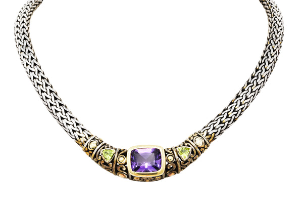 1990s John Hardy Amethyst Peridot 18 Karat Gold Sterling Silver Batu Sari Wheat Chain NecklaceNecklace - Wilson's Estate Jewelry