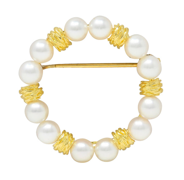 Mikimoto Pearl 14 Karat Yellow Gold Vintage Circle Wreath Brooch