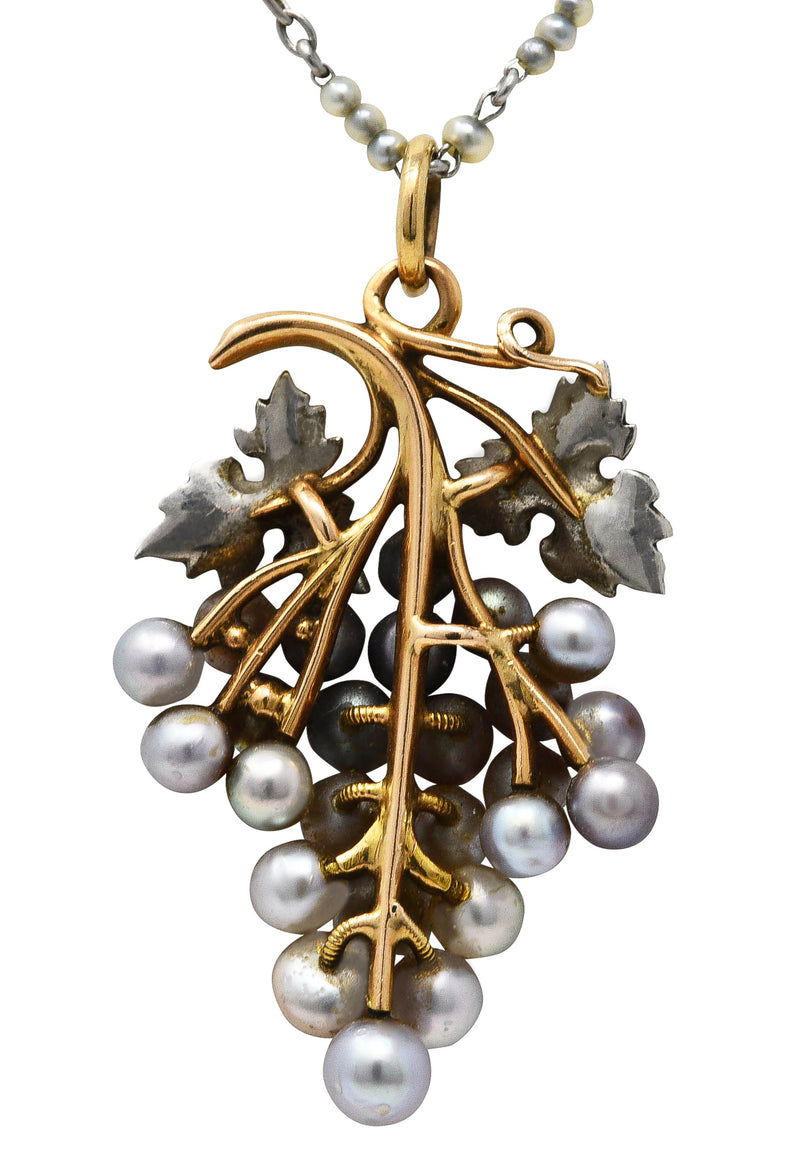 Antique Pearl Platinum 18 Karat Yellow Gold Grape Vine Pendant Necklace Wilson's Estate Jewelry