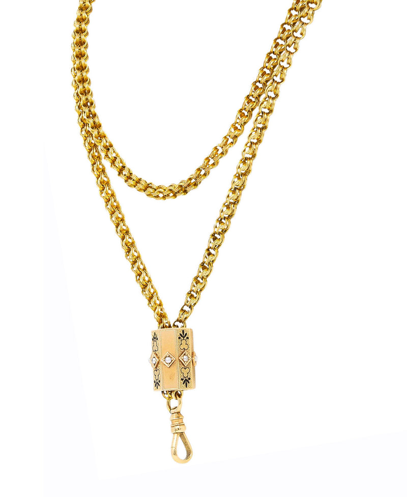 Victorian Pearl Enamel 14 Karat Gold Faceted Trefoil Slide Pendant Chain Necklace Wilson's Estate Jewelry