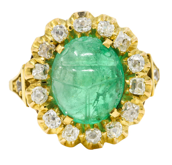 Vintage Egyptian Revival 7.80 CTW Carved Emerald Diamond 18 Karat Yellow Gold Cluster Gemstone Scarab Ring Wilson's Estate Jewelry