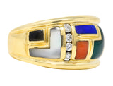 Asch Grossbardt Diamond Coral Onyx Chalcedony Lapis Lazuli 14 Karat Yellow Gold Vintage Band Ring Wilson's Estate Jewelry