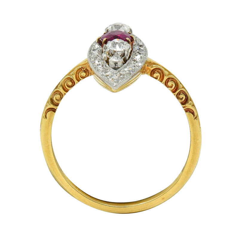 Edwardian 0.62 CTW Ruby Diamond Platinum 18 Karat Gold Scroll Navette Ring