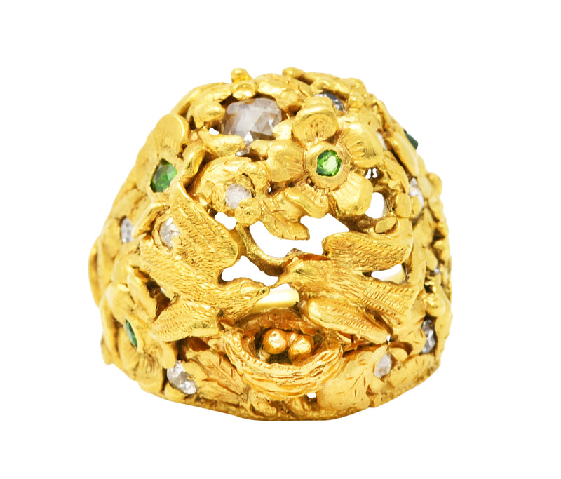 Arts & Crafts Antique Diamond Demantoid Garnet 14 Karat Gold Lovebird RingRing - Wilson's Estate Jewelry